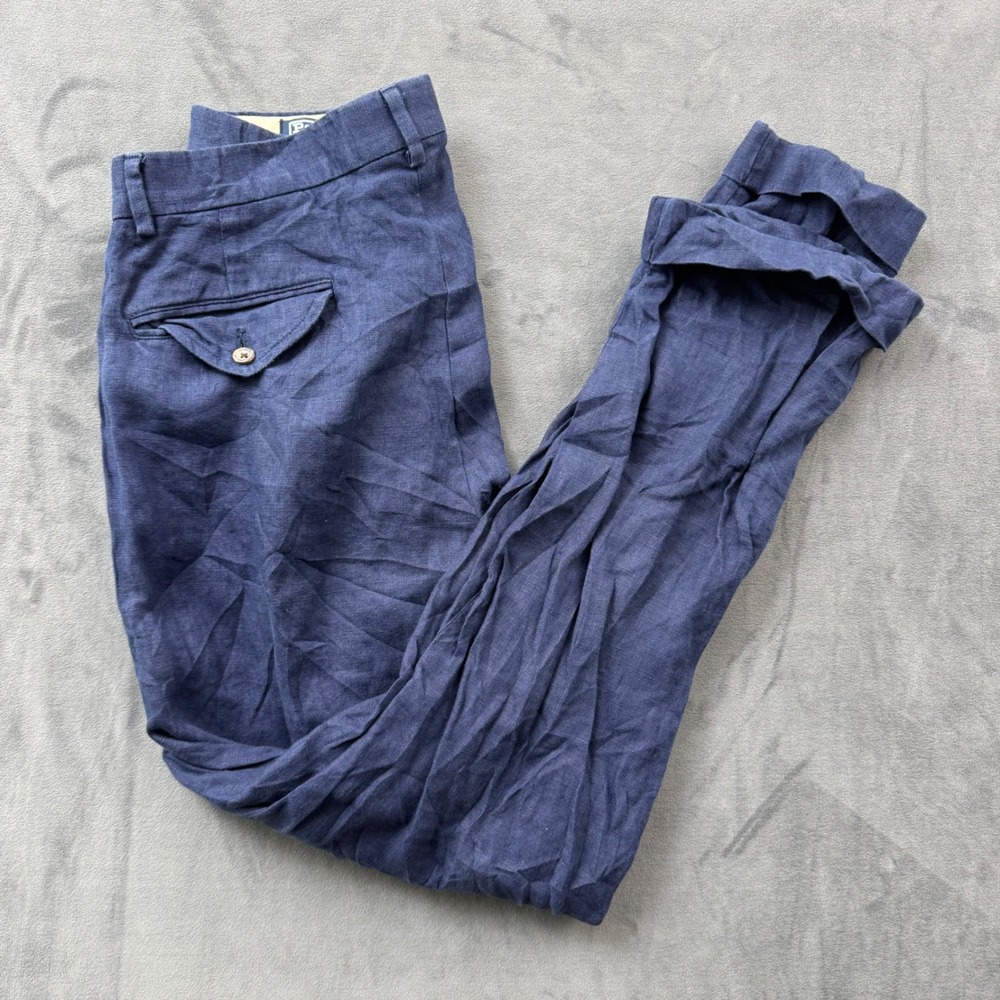 Polo Ralph Lauren Mens Navy Blue 100% Linen Pleated Cuffed Trousers Pants 33x30